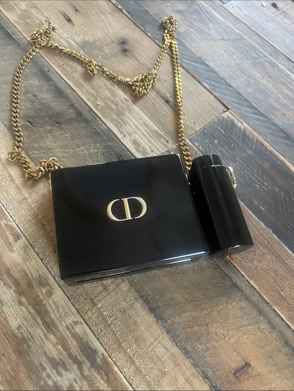 Dior Black Patent Mini compact make up holder with Gold Chain and CD Logo